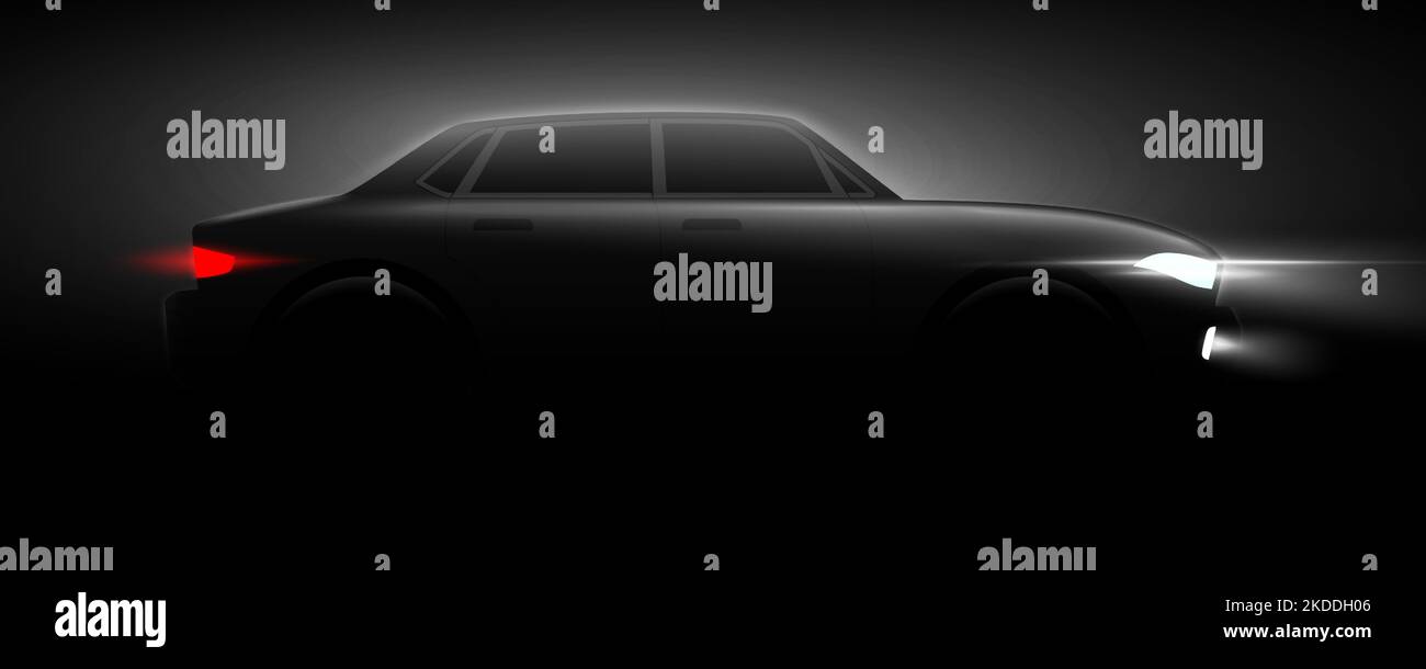 Schwarze Silhouette eines Limousinenfahrzeugs mit Kopf- und Rückleuchten auf dunklem nächtlichen Hintergrund. Vektorgrafik für Automobilposter. Premium-Stil schwarz-weiß Automobil Poster horizontalen Banner-Design. Stock Vektor