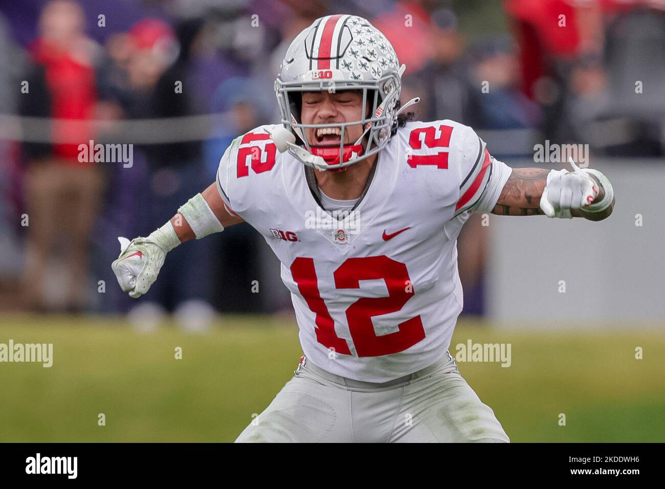 Evanston, Illinois, USA. 5.. November 2022. Sicherheit der Ohio State Buckeys Lathan Ransom (12) feiert einen vierten Stopp während des Spiels zwischen den Ohio State Buckeys und Northwestern Wildcats in Ryan Field, Evanston, Illinois. (Bild: © Scott Stuart/ZUMA Press Wire) Stockfoto