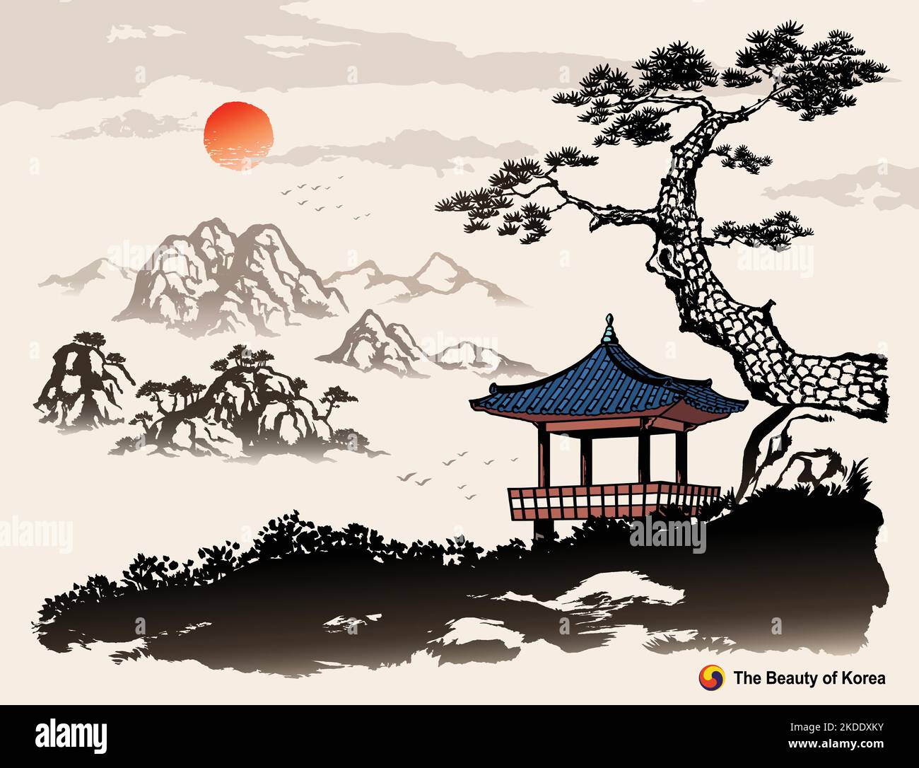 Schöne Korea, Naturlandschaft mit Sonnenaufgang und Hanok, Tintenmalerei, koreanische traditionelle Malerei Vektor-Illustration. Stock Vektor