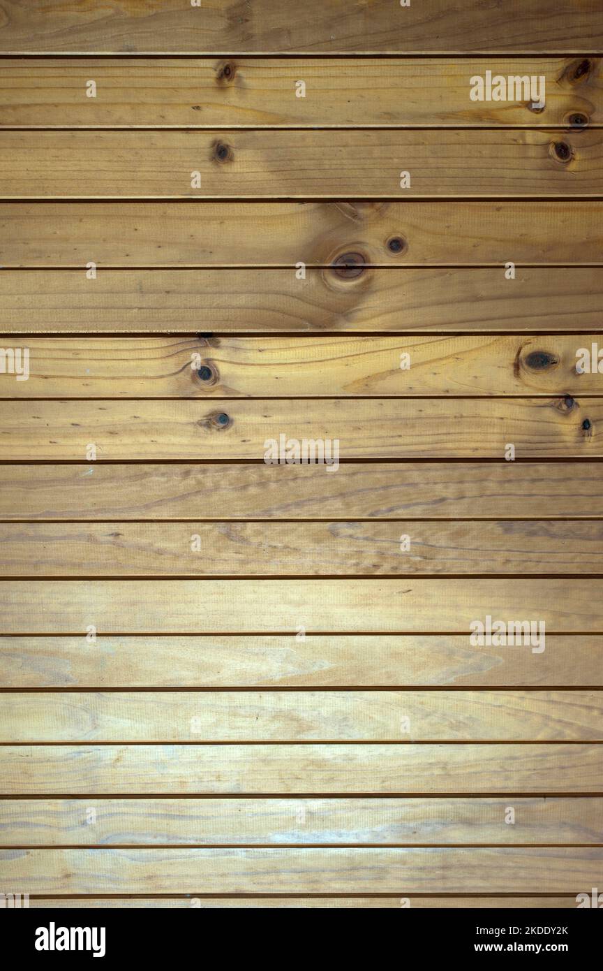 Horizontale Nut- und Nut-Holzplanke im Hintergrund Stockfoto