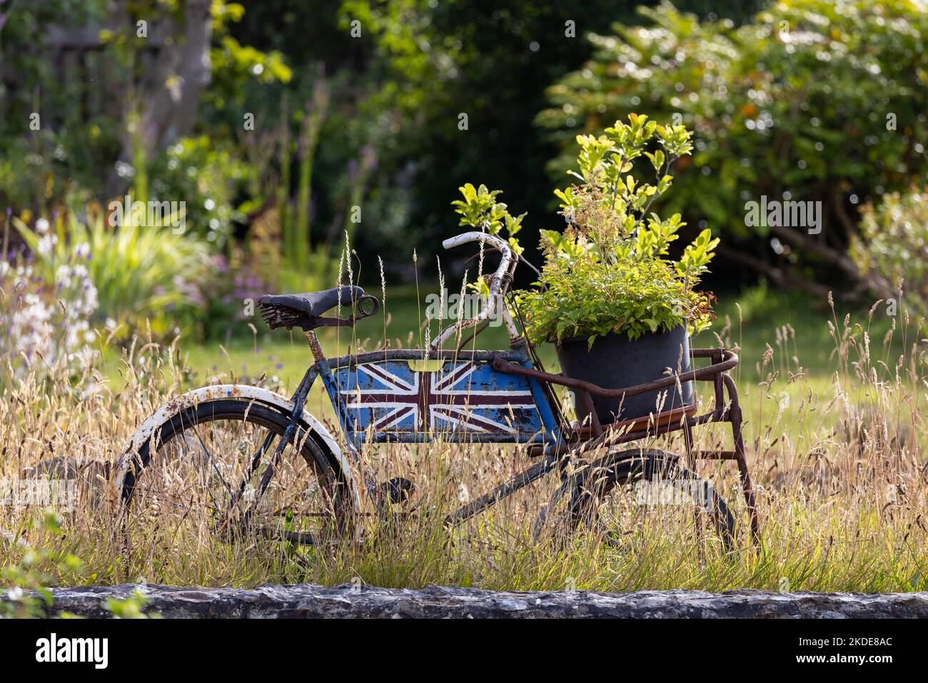 Union Jack Fahrrad mit Blumenkorb in Somerset Garden, Großbritannien Stockfoto