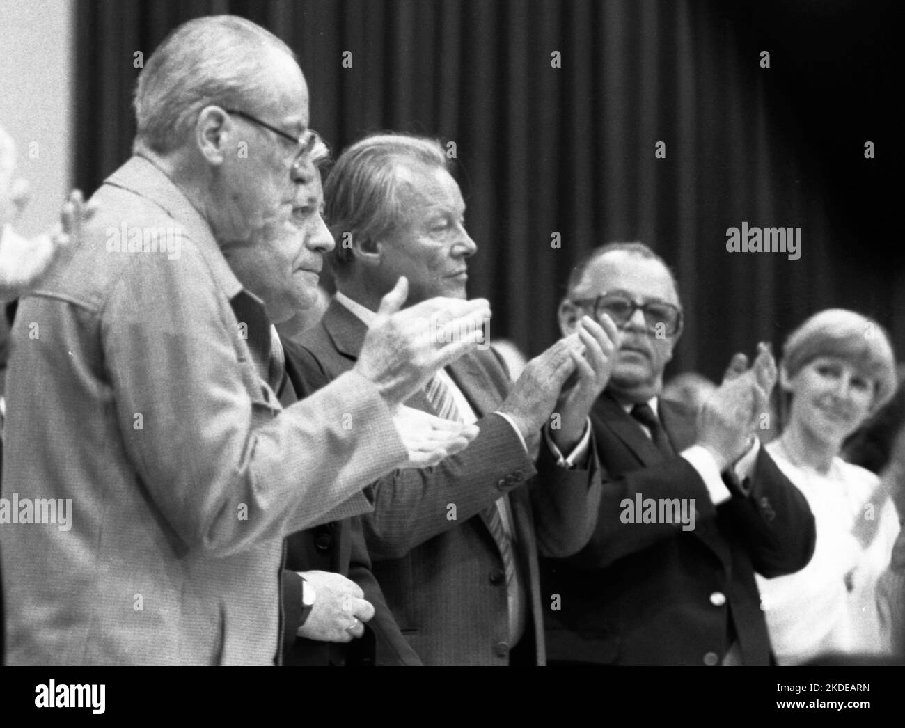 Wahlparteitag der SPD am 09.06.1980 in Essen.HJerbert Wehner, Helmut Schmidt, Willy Brandt f.l, Deutschland Stockfoto