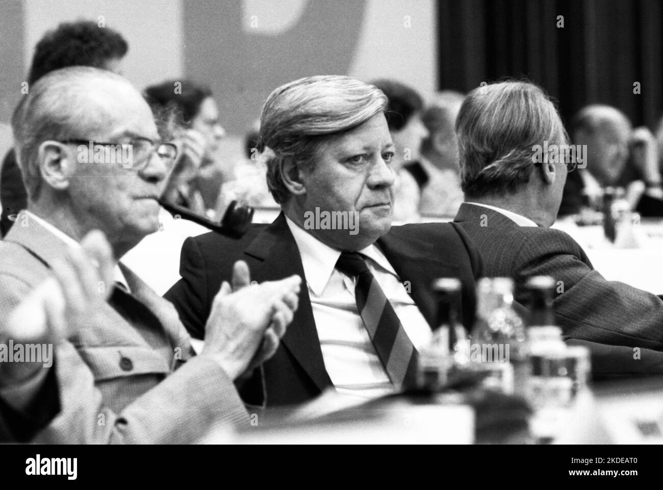 Wahlparteitag der SPD am 09.06.1980 in Essen.HJerbert Wehner, Helmut Schmidt, Willy Brandt f.l, Deutschland Stockfoto