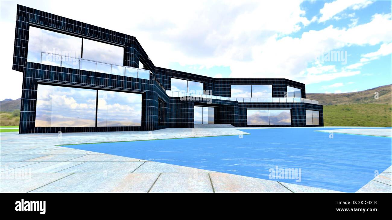 Ein umweltfreundliches Gebäude mit einem Schwimmbad mit Wasser mit einem optimalen Redox-Potenzial. Die Fassade ist mit Sonnenkollektoren bedeckt. Ein gre Stockfoto