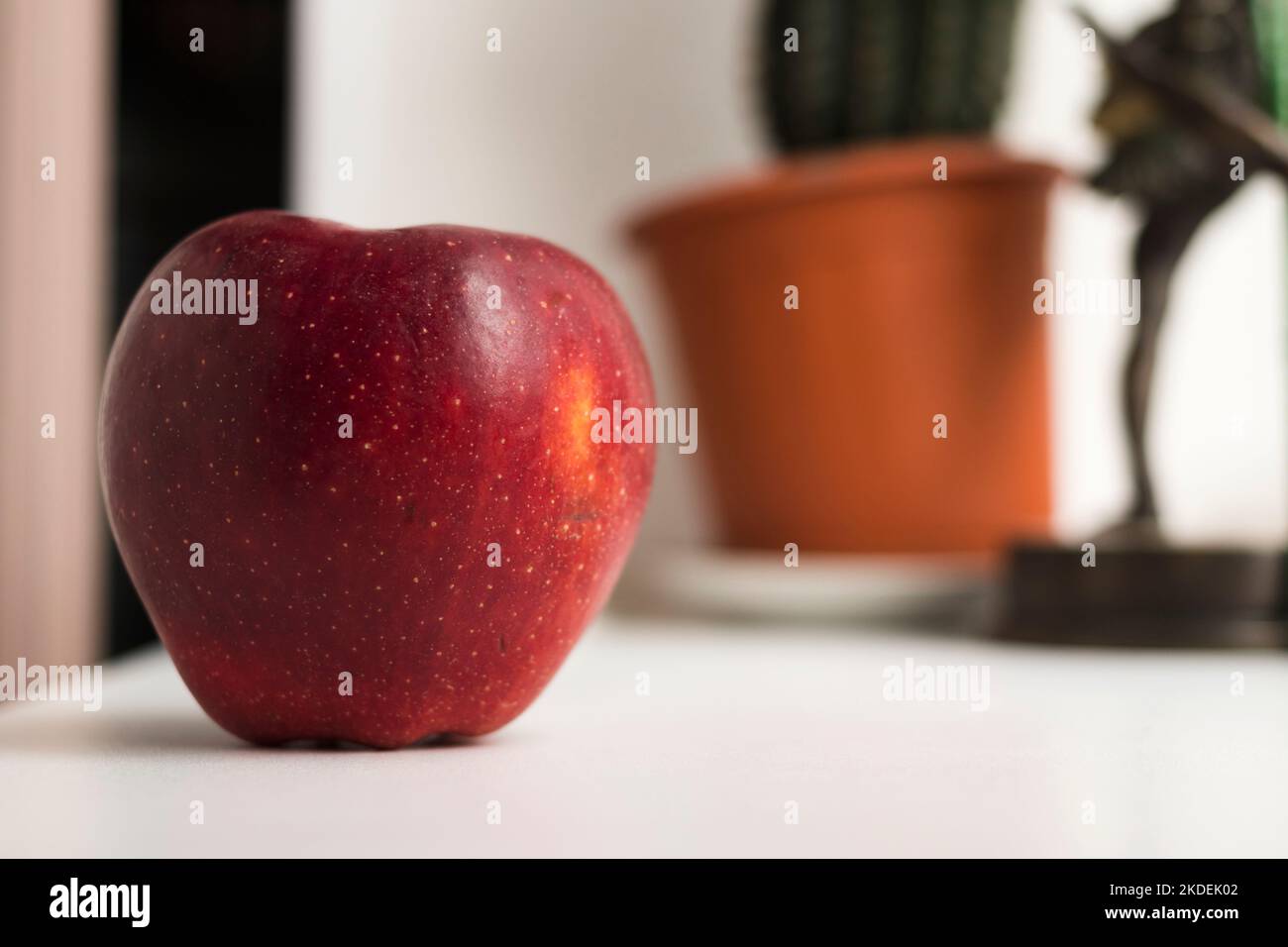 Ein köstlicher roter Apfel auf einer weißen Fensterbank. Der Hintergrund ist unscharf. Nahaufnahme. Stockfoto Ein köstlicher roter Apfel auf einer weißen Fensterbank. Der Hintergrund ist unscharf. Nahaufnahme. Stockfoto