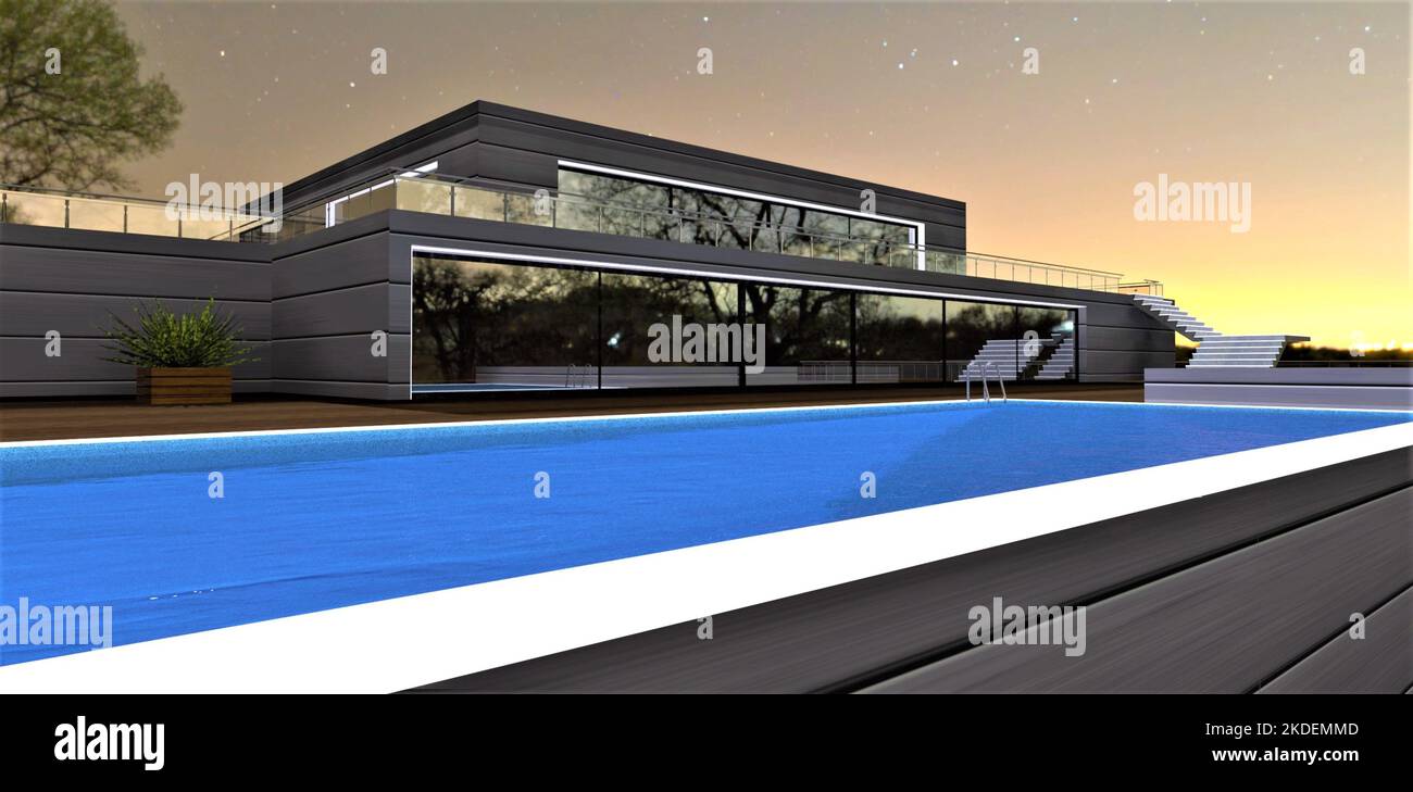 Atemberaubender Pool auf dem Dach des modernen Elite-Hotels am Abend. Große Panoramatüren aus Glas. 3D Rendern. Stockfoto