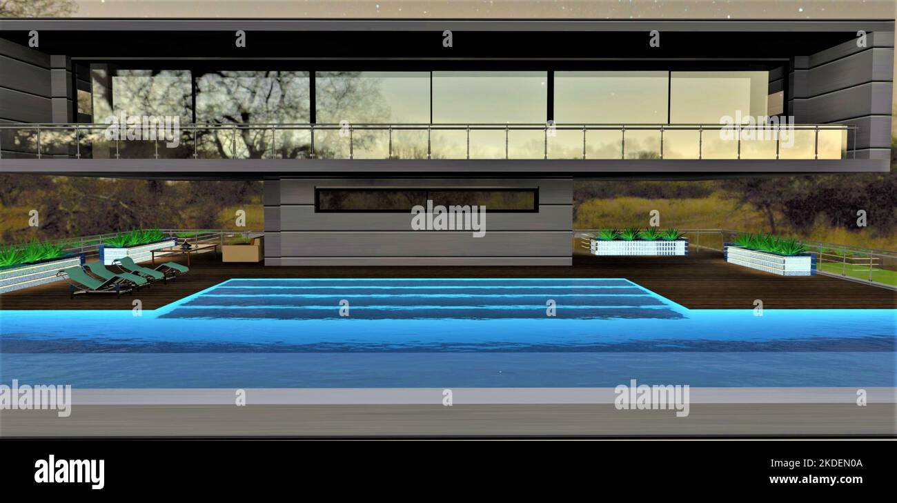 Ein geheimnisvoller Abend auf der Dachterrasse eines Landguts mit Swimmingpool. Dunkle Bäume spiegeln sich in den Balkonfenstern im zweiten Stock wider Stockfoto