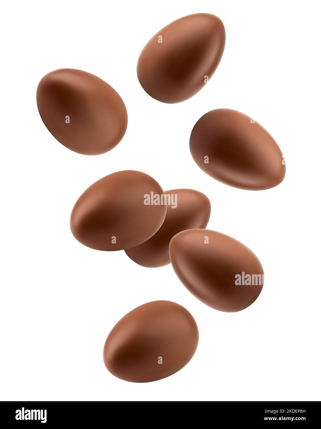 Fallendes Schokoladenei isoliert auf weißem Hintergrund, Schnittpfad, volle Schärfentiefe Stockfoto