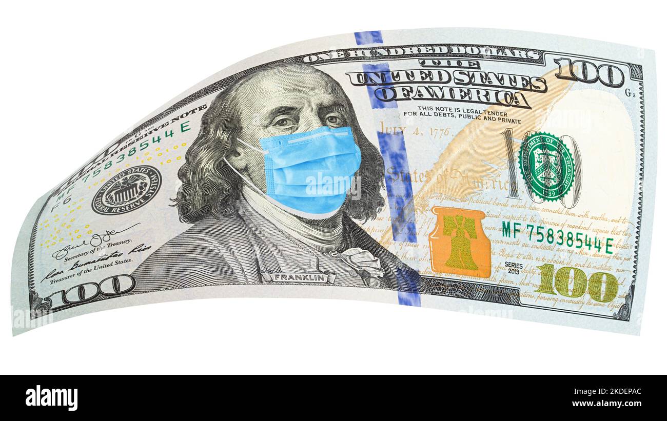 100-Dollar-Geldschein mit Gesichtsmaske, COVID-19-Coronavirus-Konzept Stockfoto
