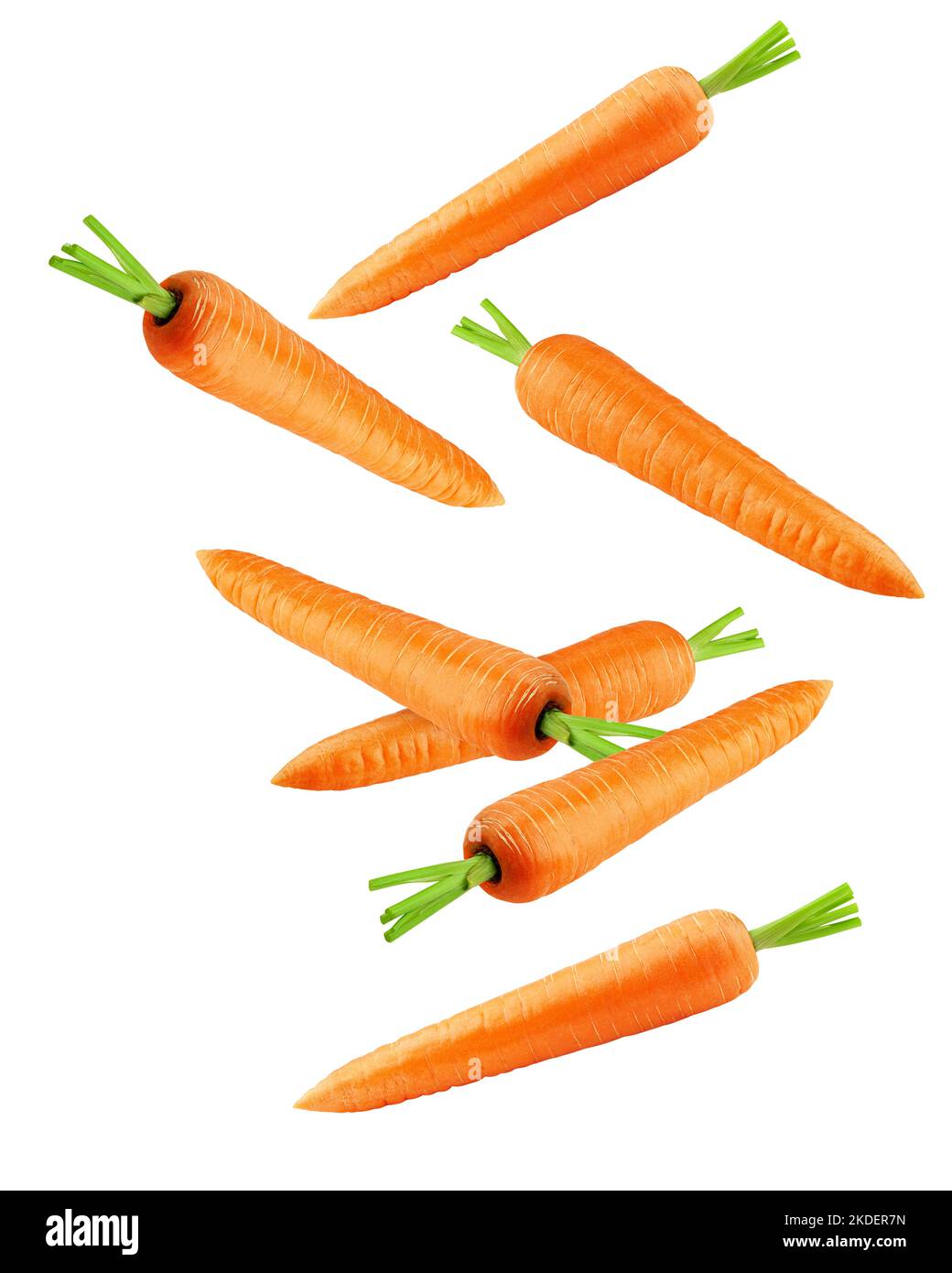 Fallende Karotte isoliert auf weißem Hintergrund, Schnittpfad, volle Schärfentiefe Stockfoto