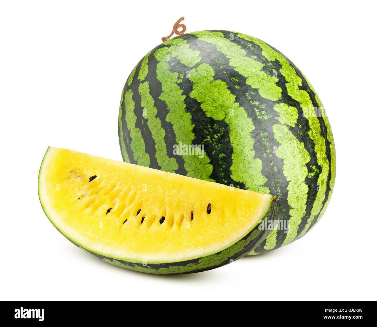 Gelbe Wassermelone isoliert auf weißem Hintergrund, Schnittpfad, volle Schärfentiefe Stockfoto