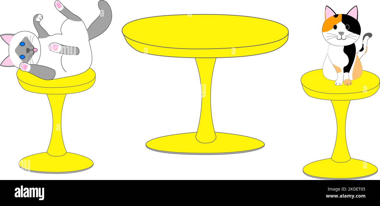 Katzencafe mit Katzen mit Tisch und Hockern im Sixtie-Stil. Stock Vektor