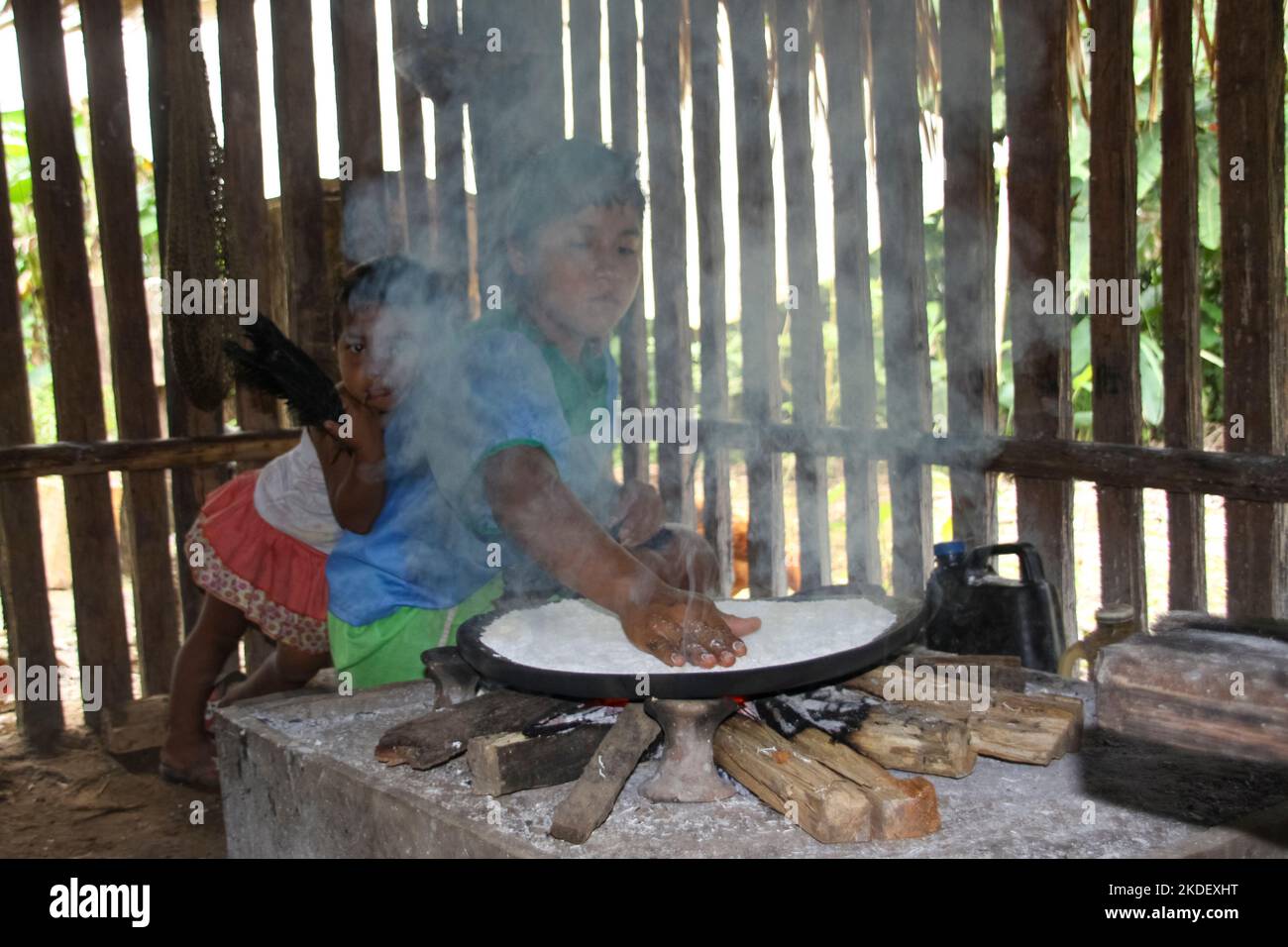 In einem Dorf in Siona im Cuyabeno Wildlife Reserve, Ecuador, demonstriert Woman die Zubereitung und das Kochen von Yucca-Wurzeltortillas in einer Innenküche. Stockfoto