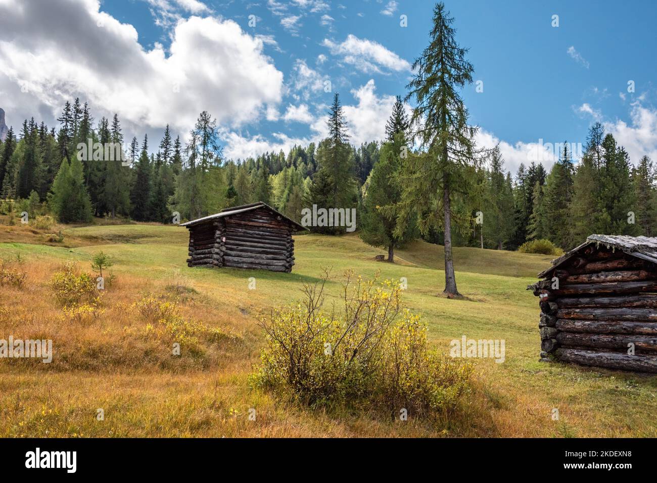 Typische Alp mit Heuschuppen in den Dolomiten im Naturpark Fanes Sennes Prags, Südtirol in Italien Stockfoto