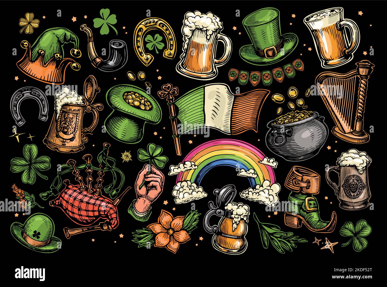 St. Patricks Day Symbolsatz. Kollektion von Designelementen für Urlaubskarte, Banner, Einladung. Irisches Urlaubskonzept Stock Vektor