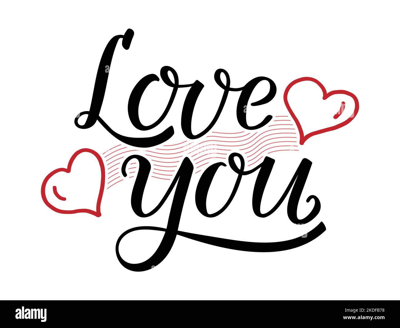 Love You handgeschriebene Schriftzüge mit handgezeichneten zwei roten Herzen und welligen Linien, die sie verbinden. Moderne Pinselkalligraphie. Valentinstag, Hochzeit. Stock Vektor