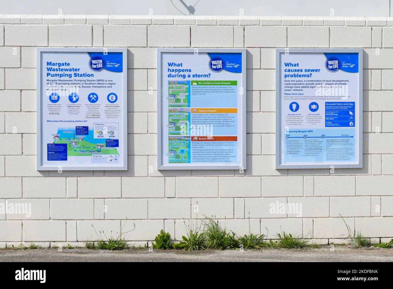 Informationstafeln für Sturmüberläufe an der Margate Wastewater Pumping Station, Margate, Kent, England, Großbritannien Stockfoto