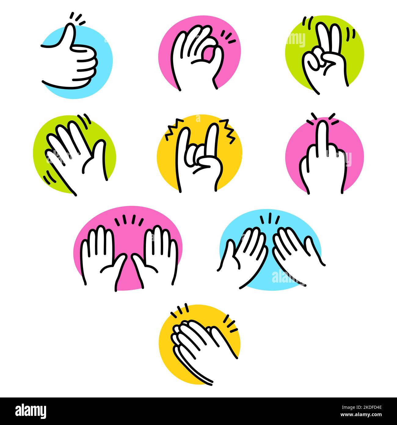 Zeichentrickfilm Hände Gestensatz. Einfache handgezeichnete Symbole im Comic-Stil auf farbenfrohen Hintergründen. Vektorgrafik Clip Art Illustration. Stock Vektor