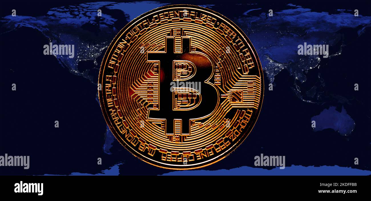 Bitcoin-Grafik oder -Karte und Weltkarte-Konzept. bitcoin- oder Kryptowährungshandel weltweit. Hintergrund der Idee eines globalen Wirtschaftskonzepts. Stockfoto