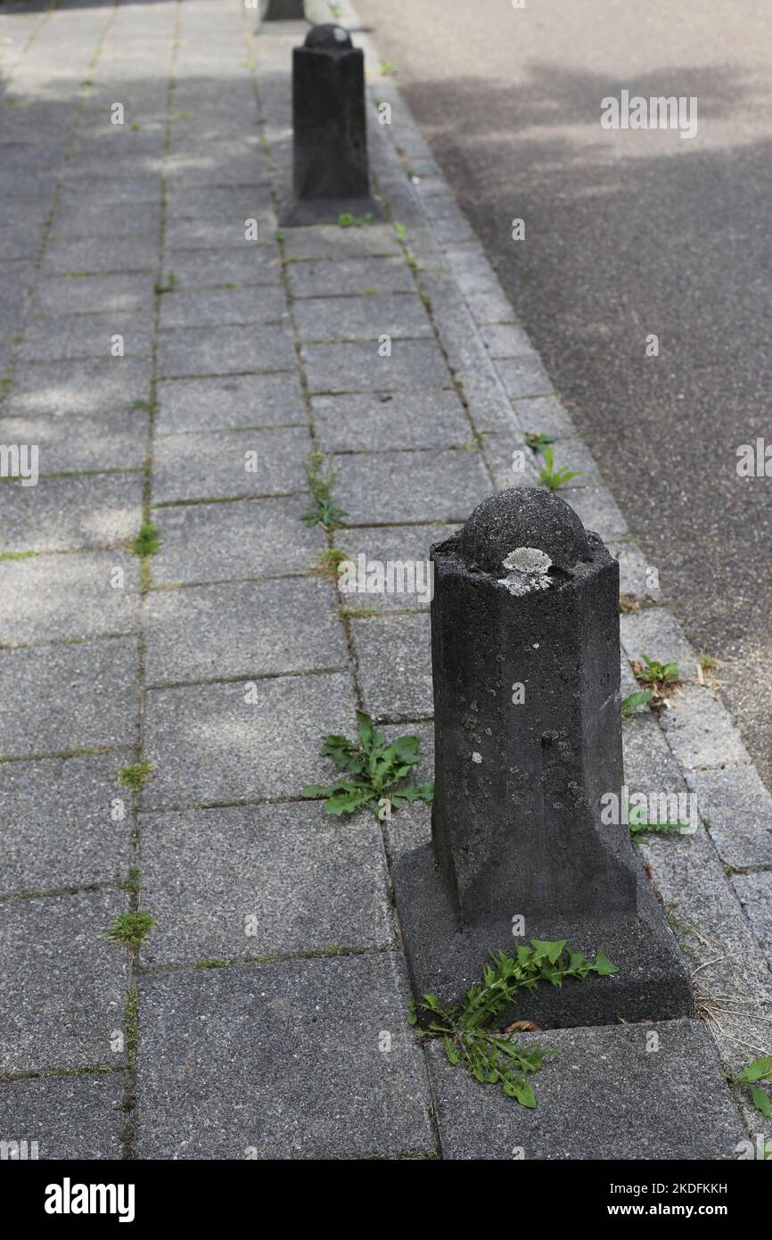 Eine vertikale Aufnahme von Pollern aus Stein, die auf einem Bürgersteig platziert wurden Stockfoto