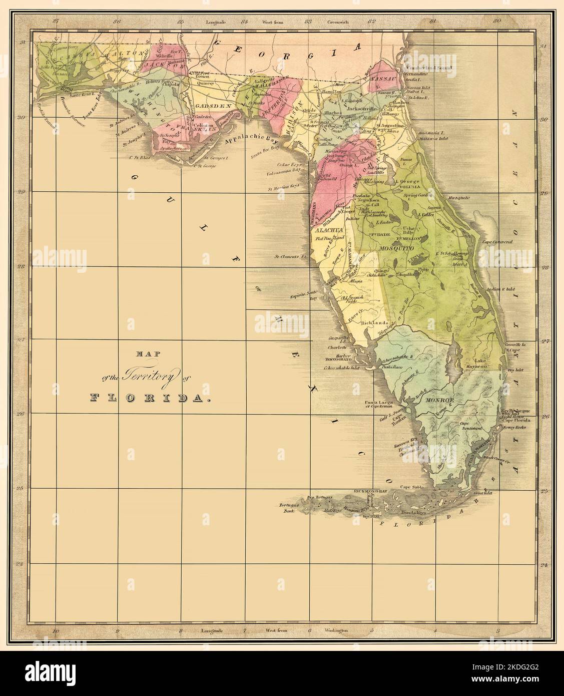 Florida Territory 1842 Karte: Dies ist eine restaurierte Reproduktion einer 1842 Karte des Territoriums von Florida.Originaltitel: 'Karte des Territoriums von Florida'. Es zeigt viele wichtige Ortsnamen. Florida wurde am 3. März 1845 zum 27. Staat. Zeigt die zum Zeitpunkt der Veröffentlichung vorhandenen Bezirke an. Stockfoto