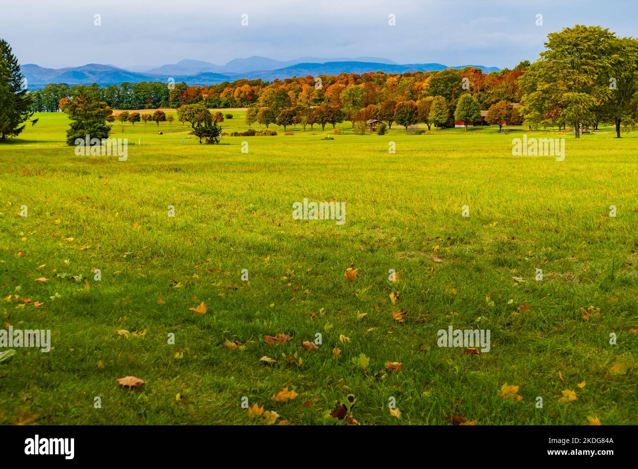 Vermont bewirtschaftet im Herbst Wiesen und Felder mit den New York Adirondack Mountains in der Ferne Stockfoto