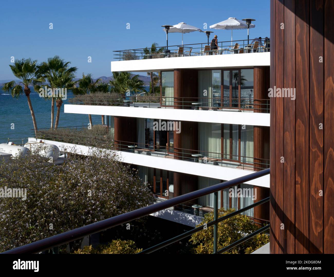 Seitenansicht. Hotel Baja Club, La Paz, Mexiko. Architekt: Max von Werz Architekten, 2021. Stockfoto