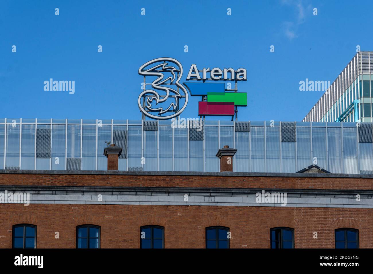 Das Schild für die 3 Arena, North Wall Quay, Dublin, Irland, Stockfoto