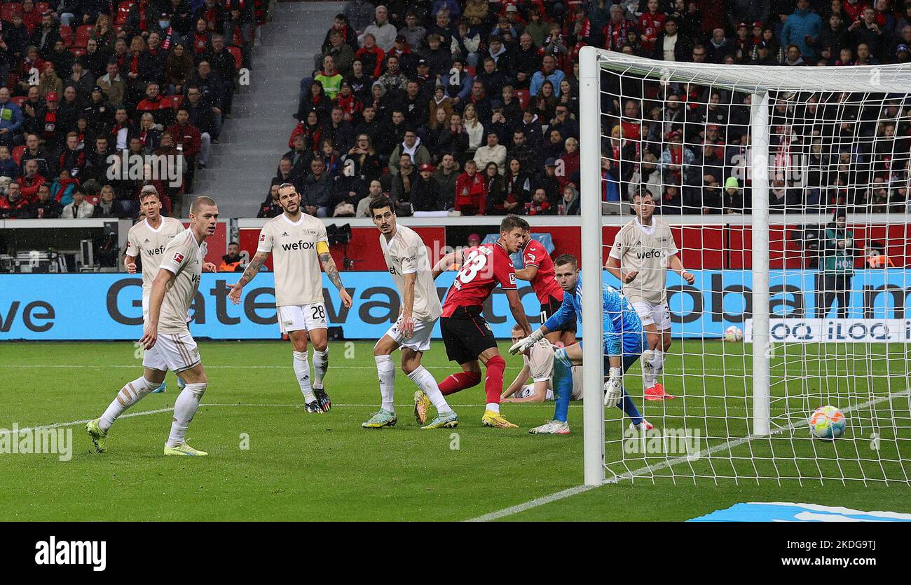 Leverkusen, Deutschland. 06. Nov, 2022. firo : 11/06/2022, Fußball, Fußball, 1. Liga, 1. Bundesliga, Saison 2022/2023, Bayer 04 Leverkusen - Union Berlin Tor zu 4: 0 von HLOZEK/dpa/Alamy Live News Stockfoto