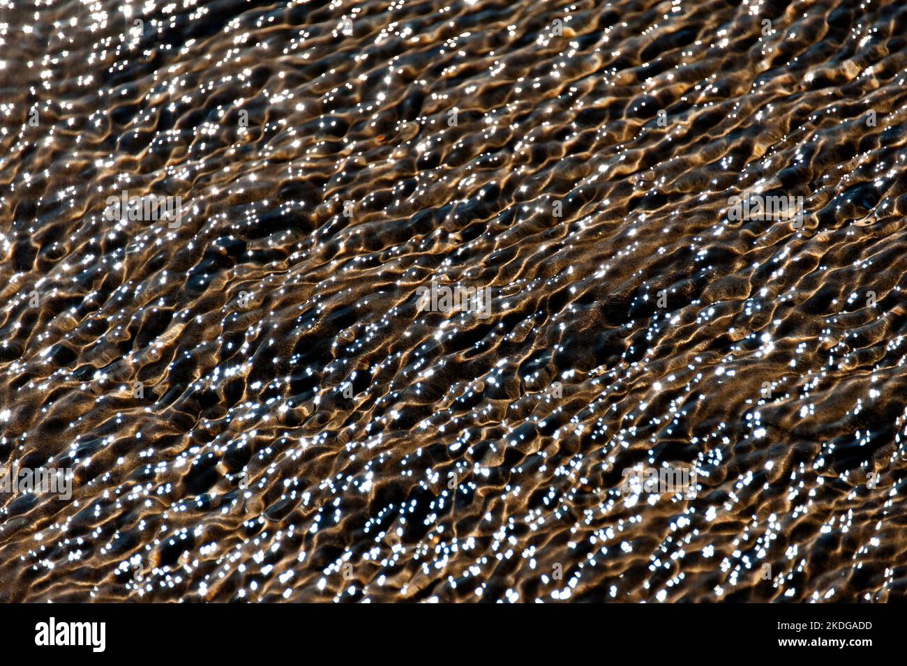 Enge Wasserkräuseln bilden sich über dem Strandsand und bilden einen faszinierenden abstrakten Hintergrund Stockfoto