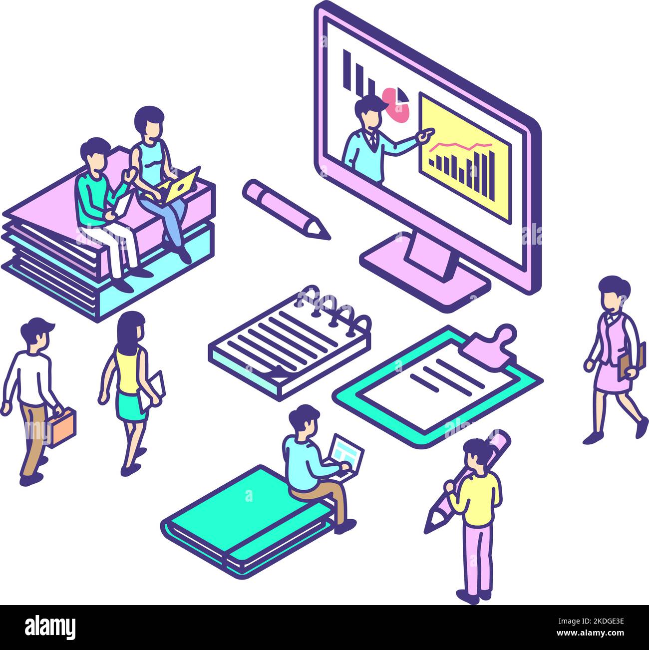 Online-Videotreffen von Kollegen. Freiberufler oder Marketingteam. Junge Menschen, die am Laptop arbeiten, Ausbildung in Unternehmen. Vektor isometrische Geschäftsleute Stock Vektor