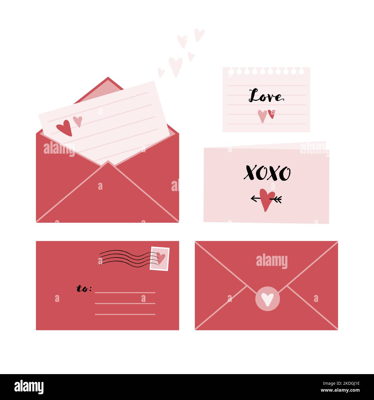 Set mit romantischen Umschlägen und Notizen zum Valetine's Day. Stock Vektor