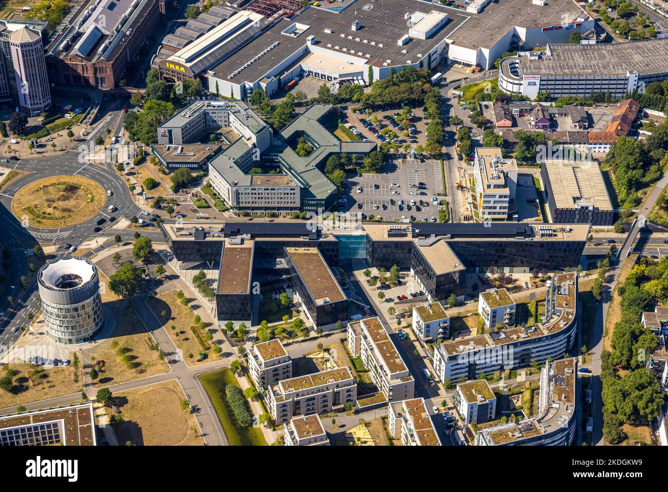 Luftaufnahme, Berliner Platz, Funke-Medienzentrum, Medienturm, Arbeitsagentur Essen, Stadtzentrum, Essen, Ruhrgebiet, Nordrhein-Westfalen, Deutschland, Stockfoto