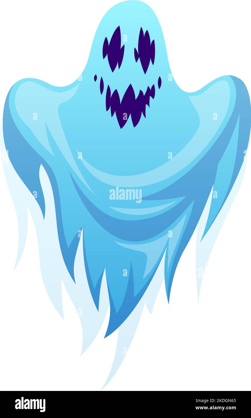 Ghost Cartoon. Halloween-Spuk, gruseliges gespenstisches Monster, Albtraum-Charakter, einfache Zeichnung, blauer Geist mit bösem wütenden Gesicht, Herbstferien, Phantom Stock Vektor