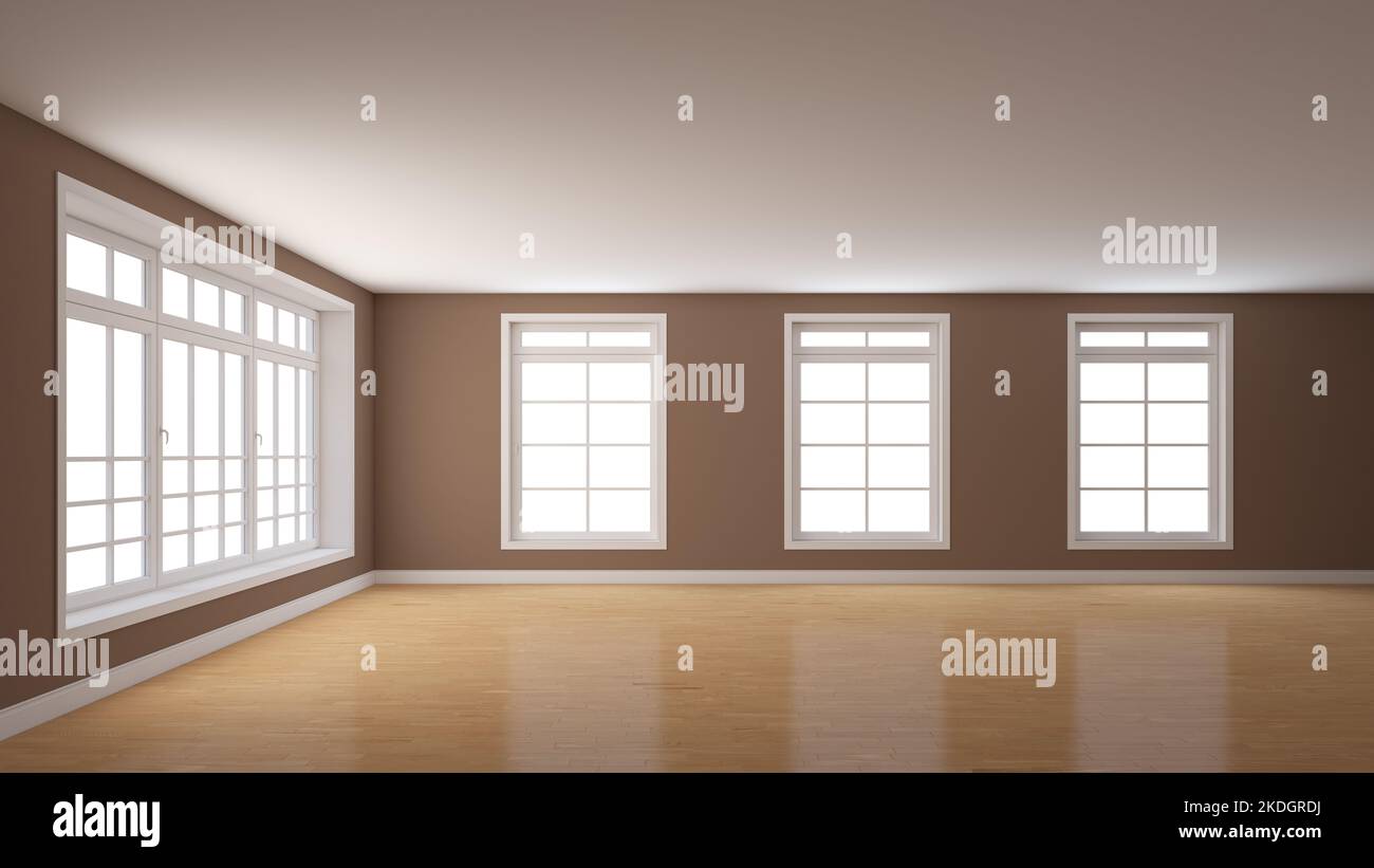 Leeres Interieur mit braunen verputzten Wänden, einem großen Fenster links und drei Fenstern in der Mitte. Weißer Sockel und heller Parkettboden. Modell Im Innenraum. 3D Rendering, 8K Ultra HD, 7680x4320 Stockfoto