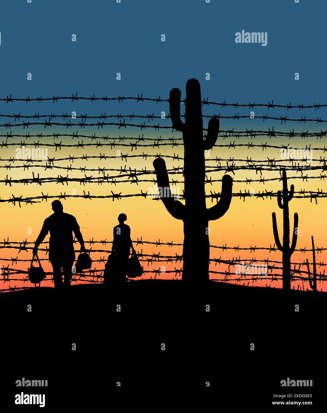 Illegale Einwanderer gelangen von Mexiko aus über eine Schwachstelle am Grenzzaun in die USA, wie in dieser 3-d-Illustration dargestellt. Die Szene ist bei Sonnenuntergang in einem Wüstensett Stockfoto