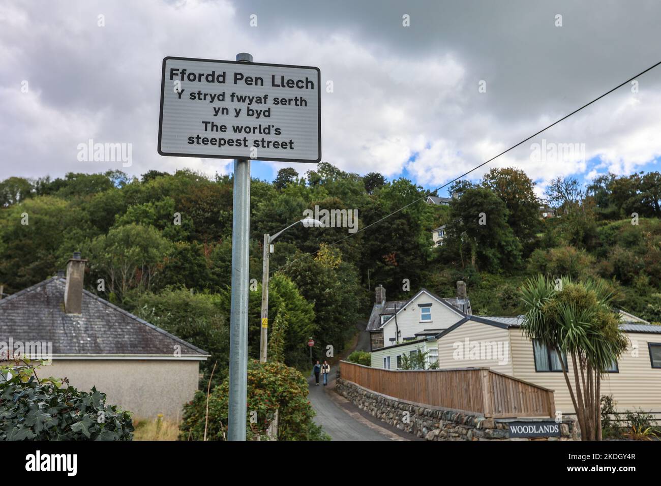 Die steilste Straße der Welt, in,Zentrum,von,Harlech,Gwynedd,County,Gwynedd County,Wales,Walisisch,anerkannt,von,Guinness Buch der Rekorde, Stockfoto