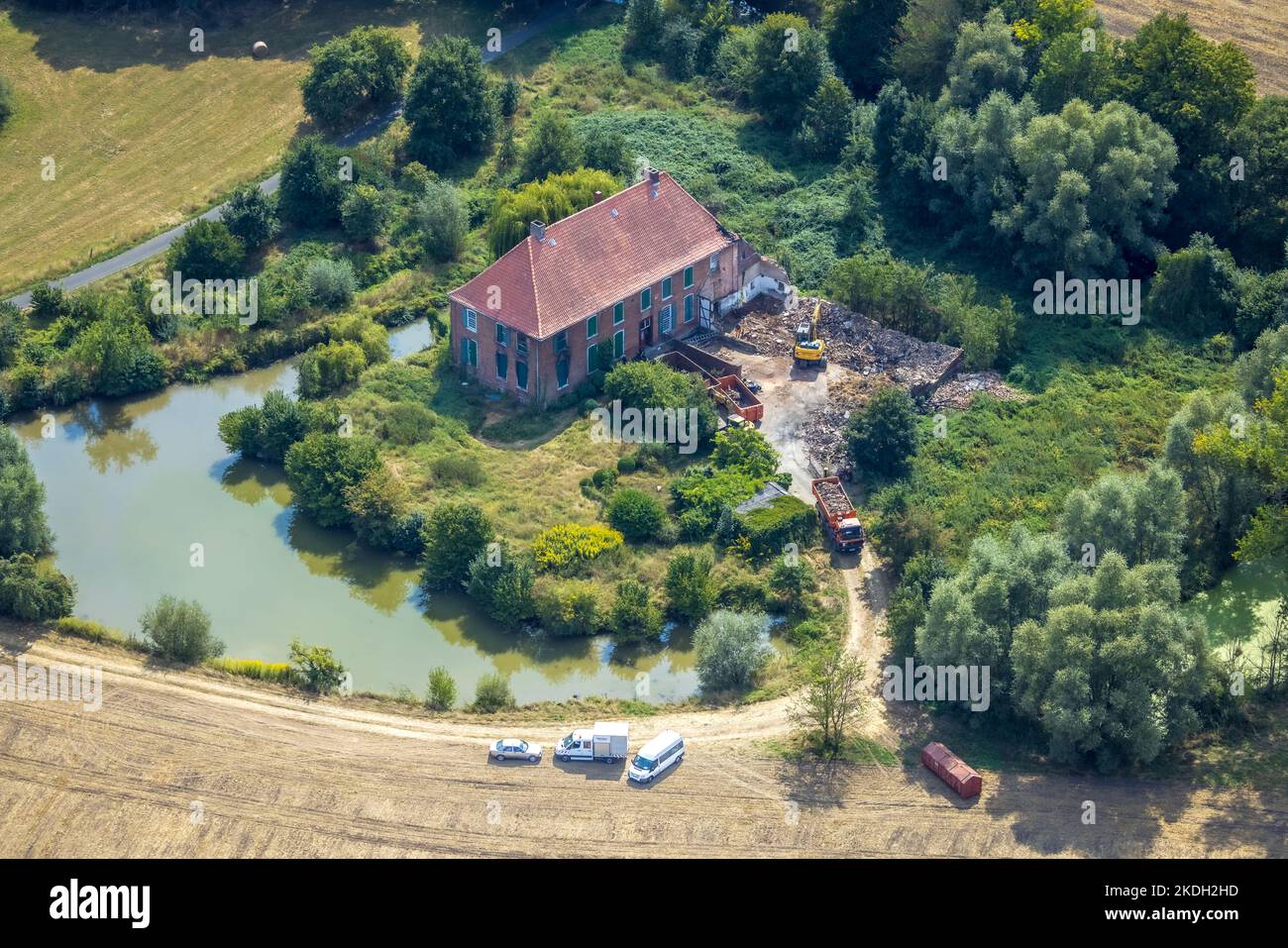 Luftbild, Hohenover Haus, ehemalige Wasserburg, Brandschaden nach dem Brand, Norddinker, Uentrop, Hamm, Ruhrgebiet, Nordrhein-Westfalen, Deutschland, Stockfoto