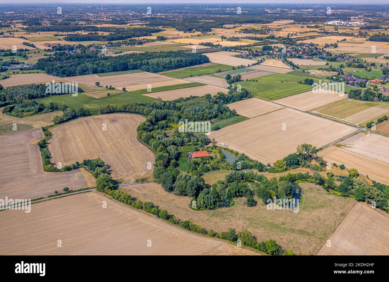 Luftbild, Hohenover Haus, ehemalige Wasserburg, Brandschaden nach dem Brand, Norddinker, Uentrop, Hamm, Ruhrgebiet, Nordrhein-Westfalen, Deutschland, Stockfoto