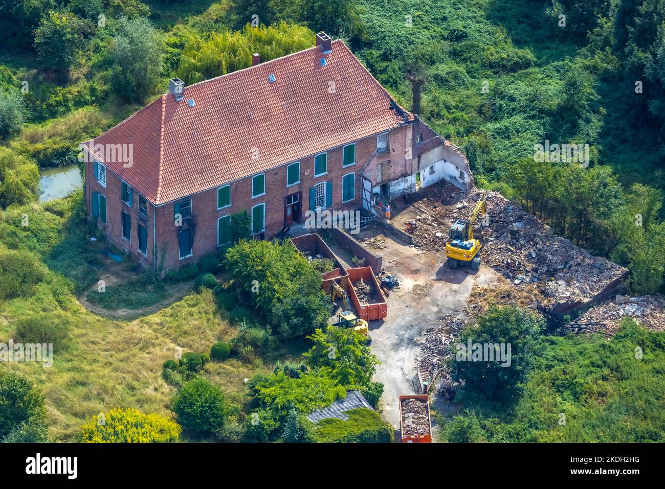 Luftbild, Hohenover Haus, ehemalige Wasserburg, Brandschaden nach dem Brand, Norddinker, Uentrop, Hamm, Ruhrgebiet, Nordrhein-Westfalen, Deutschland, Stockfoto