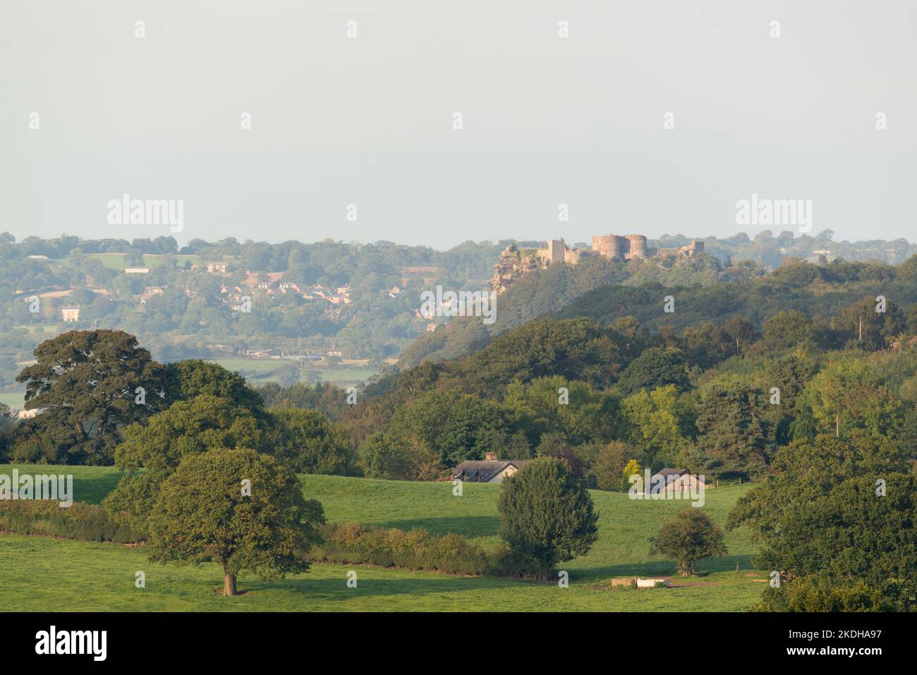 Ein Blick von den Peckforton Hills über Woodland mit Blick auf die Rocky Crags von Beeston Castle am späten Nachmittag im Herbst Stockfoto