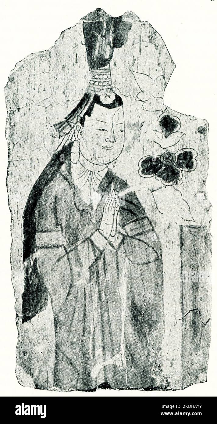 Dieses Bild zeigt eine ugarische Dame, die Teil eines Freskens in den Bezeklik Thousand Buddha Caves in Bezeklik bei Murtuk in der Region Turfan war. Das Original befindet sich im Königlichen Museum für Folklore in Berlin. Die Bezeklik Thousand Buddha Caves sind ein Komplex buddhistischer Höhlengrotten aus dem 5.. Bis 14.. Jahrhundert zwischen den Städten Turpan und Shanshan (Loulan) im Nordosten der Taklamakan-Wüste in der Nähe der alten Ruinen von Gaochang im Mutou-Tal, einer Schlucht in den Flaming Mountains, In der Region Xinjiang im Westen Chinas. Stockfoto