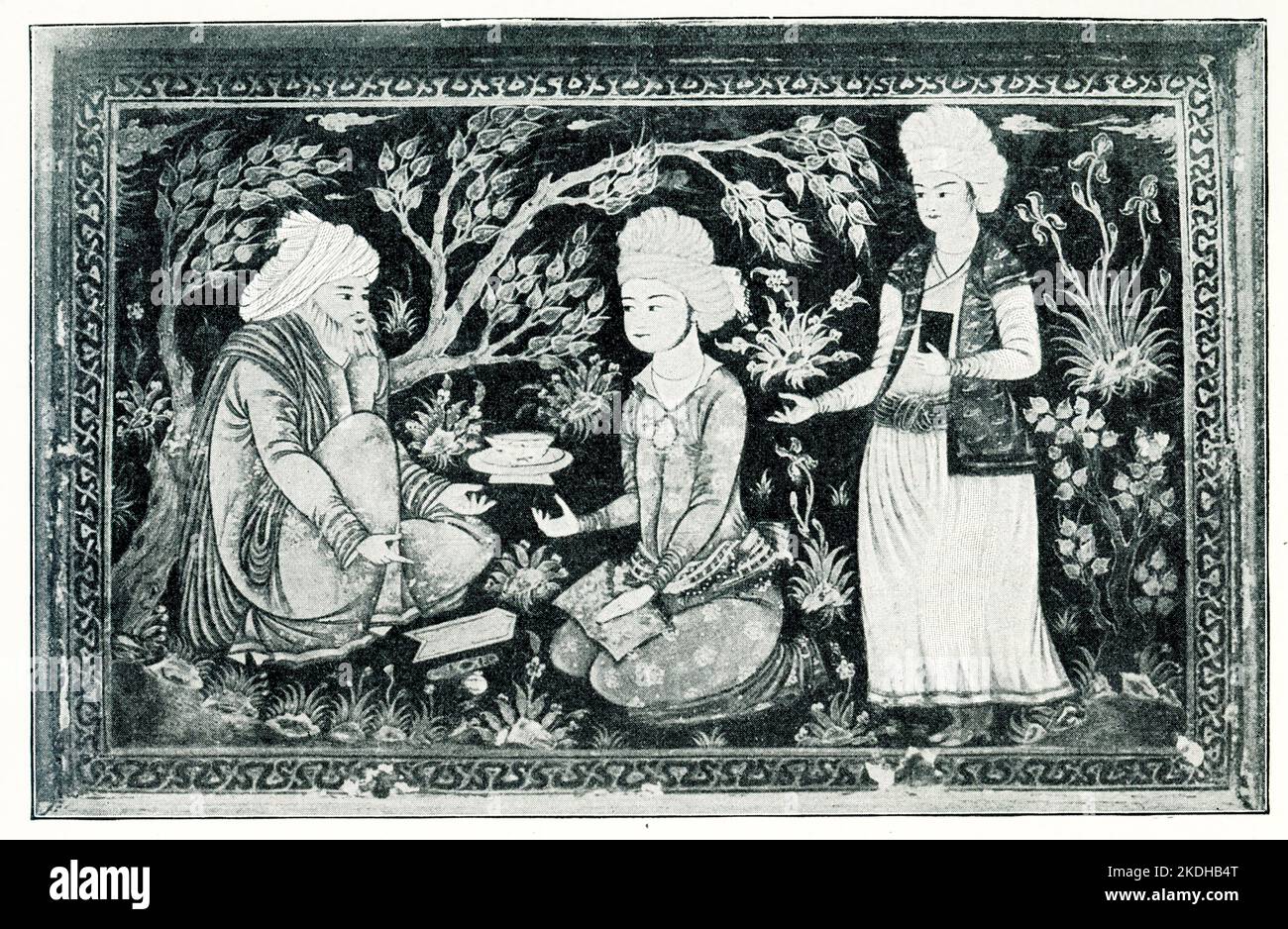 Dieses Bild zeigt eine Lektion in einem Garten. Das Foto stammt aus dem Jahr 1910. Das Bild wurde auf einer farbigen Schachtel aus der Zeit von Timur gefunden. Das Original befindet sich in einer Kunstsammlung in Paris. Timur, später Timūr Gurkānī, war ein turkisch-mongolischer Eroberer, der das Timuridenreich in und um das heutige Afghanistan, den Iran und Zentralasien gründete und zum ersten Herrscher der Timuridendynastie wurde. Er regierte von 1370 bis 1405. Stockfoto