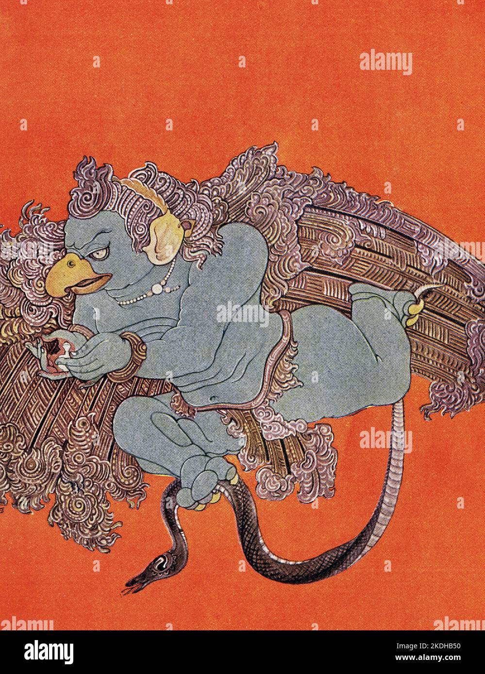 Dieser Druck zeigt Garuda aus dem Jahr 1913. Garuda, in der hinduistischen Mythologie, der Vogel (ein Drachen oder ein Adler) und das vahana (Berg) des gottes Vishnu. Im Rigveda wird die Sonne mit einem Vogel verglichen, der über den Himmel fliegt, und ein Adler trägt die Ambrosialsomenpflanze vom Himmel auf die Erde. Die mythologische Darstellung von Garudas Geburt im Mahabharata identifiziert ihn als den jüngeren Bruder von Aruna, dem Wagenlenker des sonnengottes Surya Stockfoto