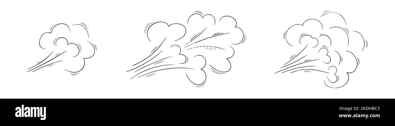 Luftströmung oder Windstoß-Doodle-Skizzen. Handgezeichnete Symbole auf weißem Hintergrund mit Wirbel-, Böll-, Rauch- und Staubeffekt. Vektorgrafik. Stock Vektor