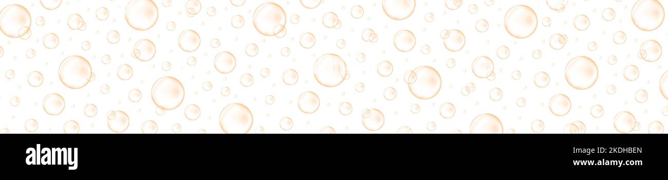 Goldene Blasen Champagner, Prosecco, Seltzer, Limonade, Cola, Limonade, Sekt. Kohlensäurehaltige Getränke-Textur Zischender Wasserhintergrund. Vektor-realistische Darstellung Stock Vektor