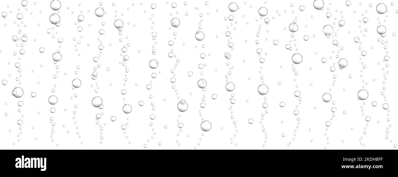 Hintergrund für transparente Blasen. Kohlensäurehaltiges Getränk, kohlensäurehaltiges Wasser, Seltzer, Bier, Soda, Champagner- oder Schaumweintextur. Unterwasserluftstrom im Meer, Meer oder Aquarium. Vektor-realistische Darstellung Stock Vektor