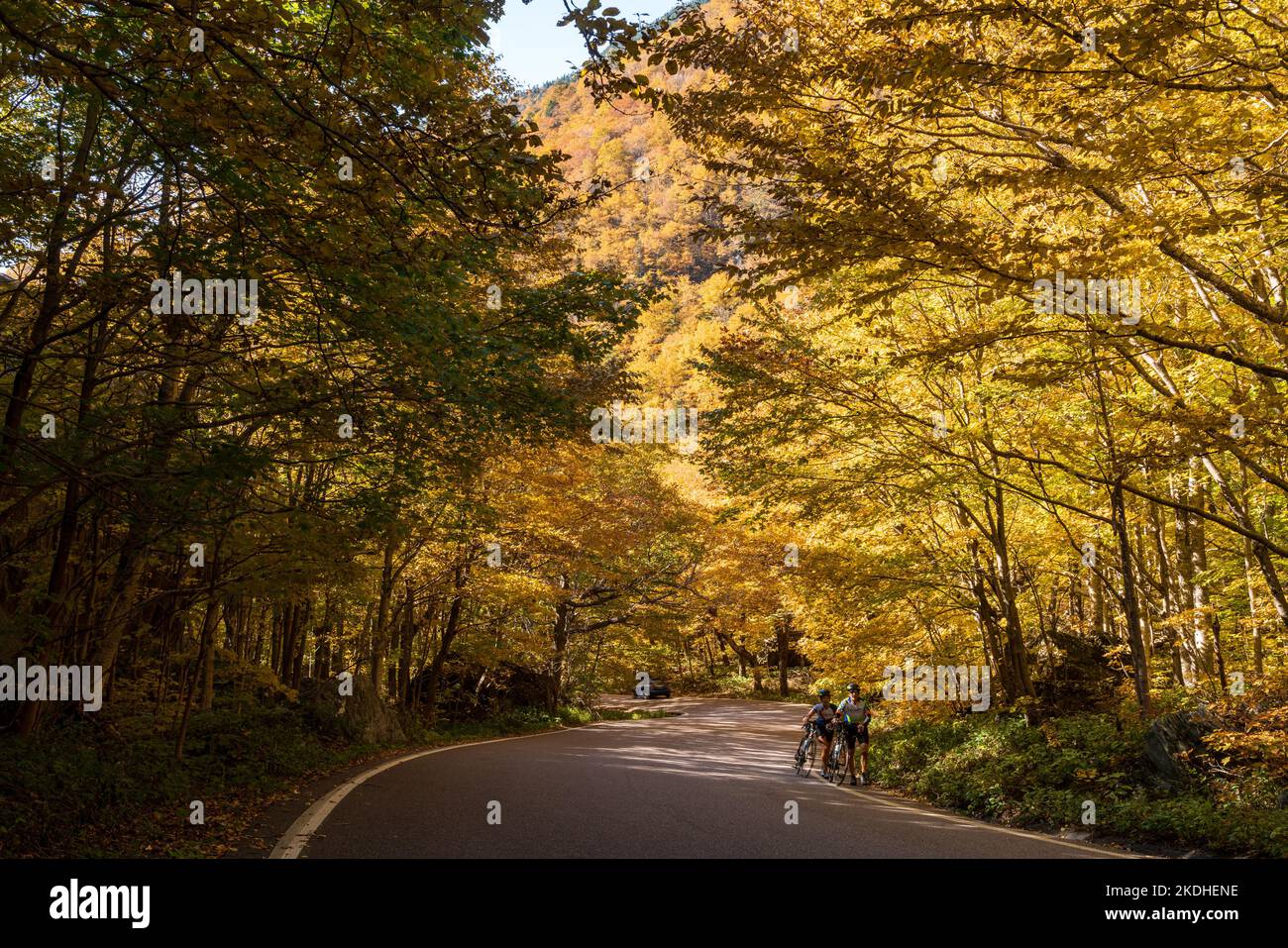 Stowe, VT - 6. Oktober 2022: Radfahrer kämpfen den Hügel hinauf zu Smugglers Notch im Herbst in Vermont Stockfoto