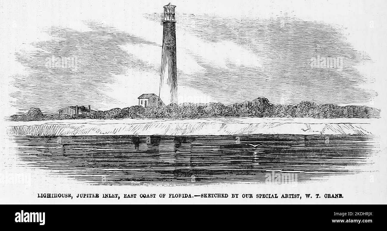 Leuchtturm, Jupiter Inlet, Ostküste Floridas, Dezember 1862. Illustration des amerikanischen Bürgerkriegs des 19.. Jahrhunderts aus Frank Leslie's Illustrated Newspaper Stockfoto