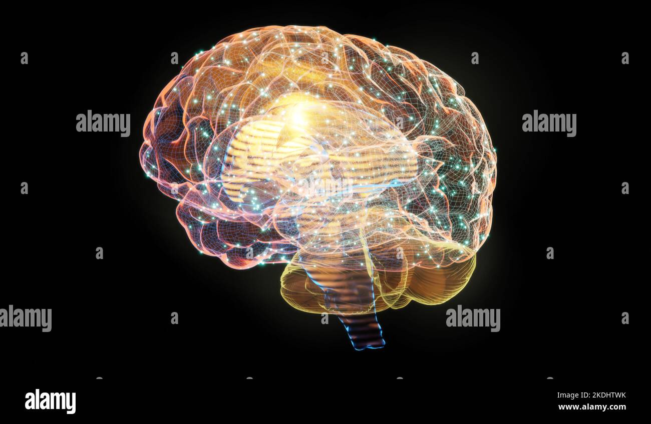 3D Illustration des digitalen Drahtguns auf schwarzem Hintergrund. Intelligenz, Brainstorm und neuuralistisches Technologiekonzept Stockfoto